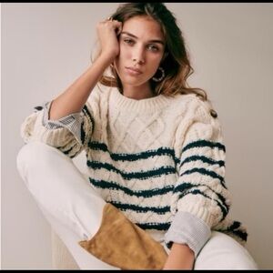 Sezane Striped Cream and Black Sweater with Button